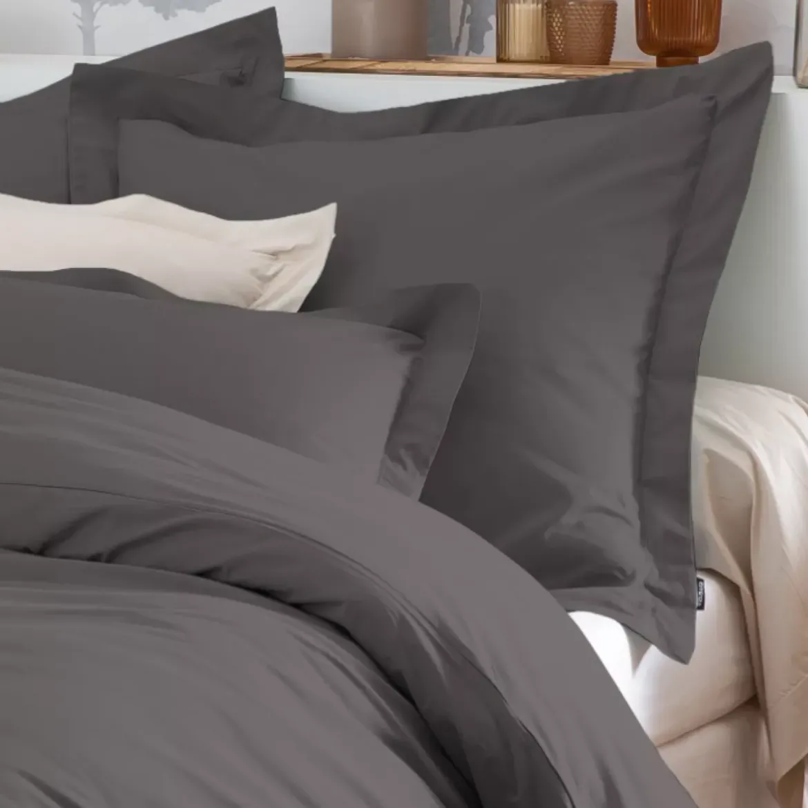 Federa quadrata percalle di cotone (65 cm) Cali Grigio antracite