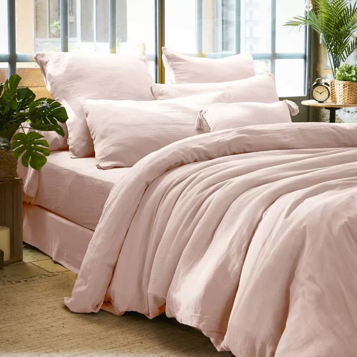 Federa rettangolare garza di cotone (L80 cm) Gaïa Rosa cipria