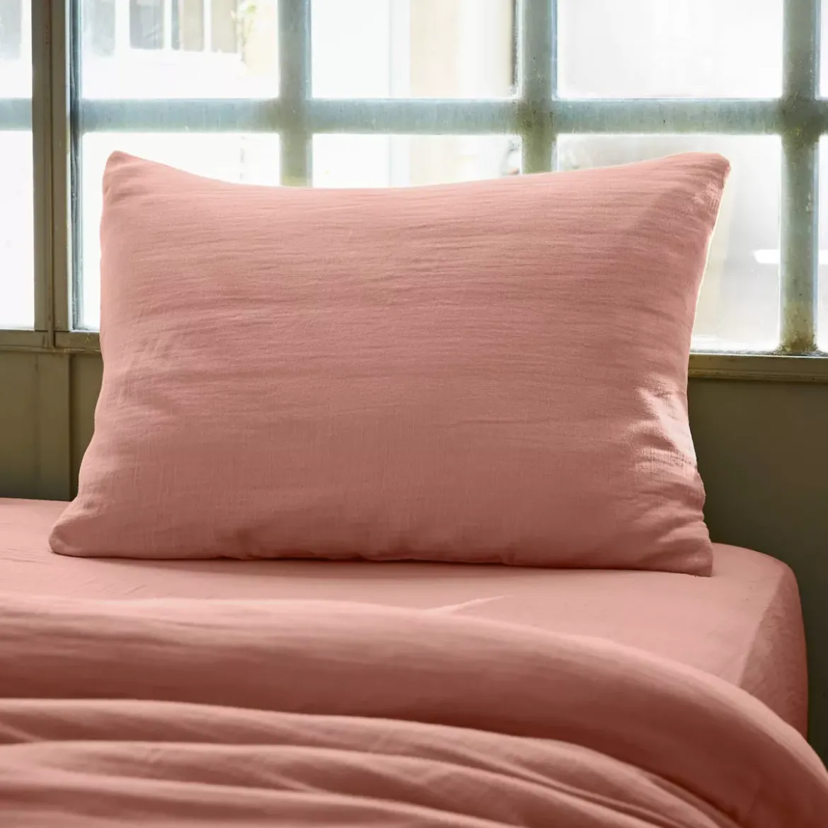 Federa rettangolare garza di cotone (L80 cm) Gaïa Rosa pesca