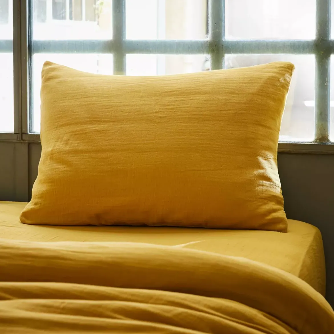 Federa rettangolare garza di cotone (L70 cm) Gaïa Giallo zafferano