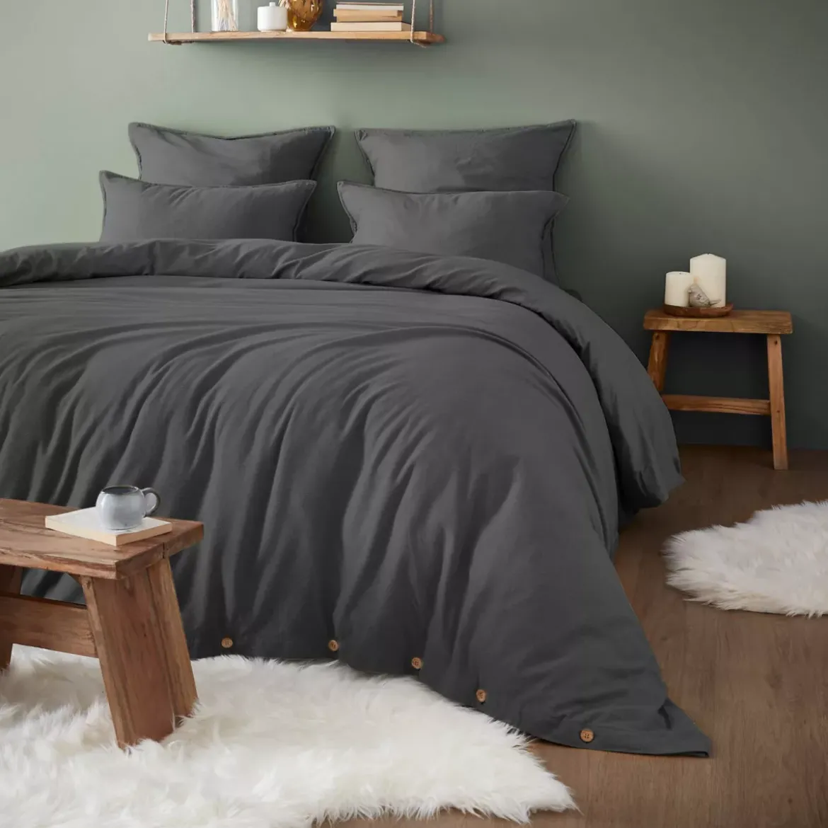 Fodera per cuscino quadrata in flanella di cotone (80 x 80 cm) Nina Grigio antracite