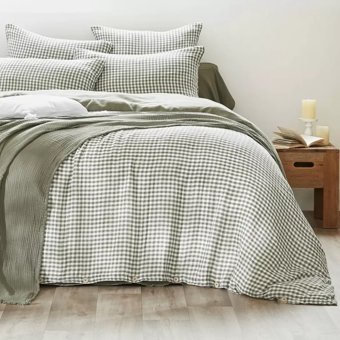 Fodera per cuscino quadrata in doppia garza di cotone (60 x 60 cm) Gaïa vichy Verde rosmarino