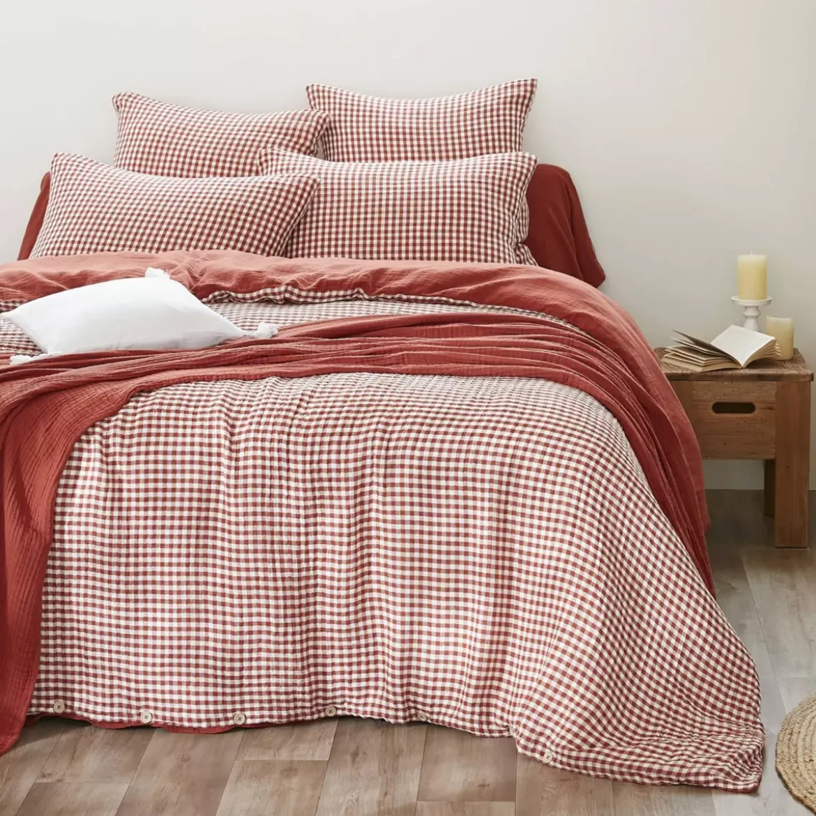 Fodera per cuscino rettangolare in doppia garza di cotone (50 x 70 cm) Gaïa vichy Terracotta