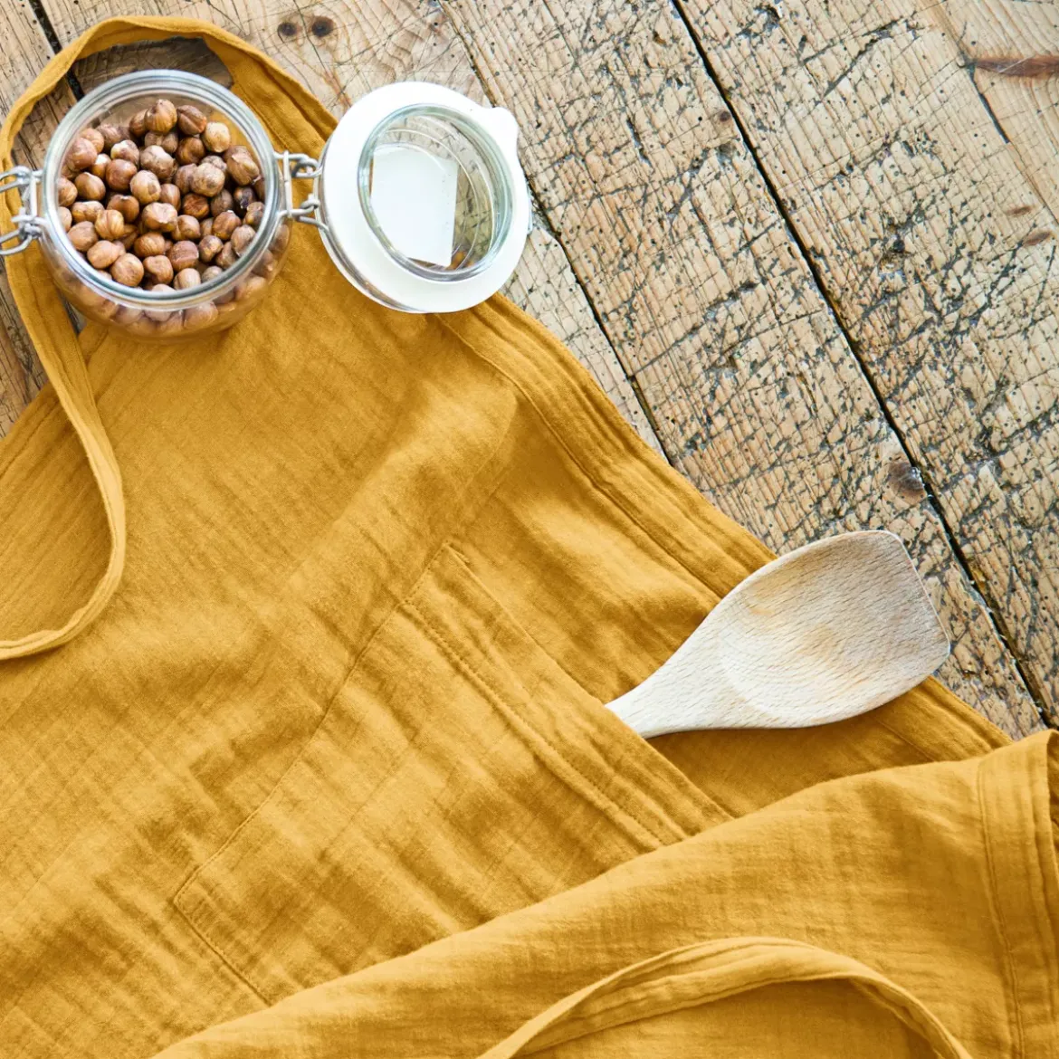Grembiule con tasche garza di cotone Gaïa Giallo zafferano