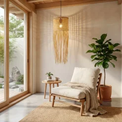 Lampada a sospensione con frange in bambù (H85 cm) Maoki Naturale