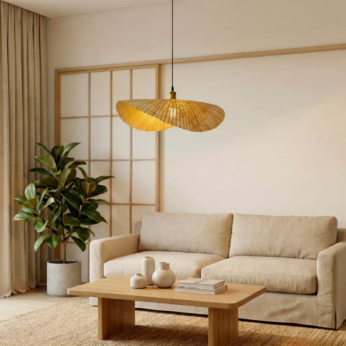 Lampada a sospensione in bambù inrecciato (D60 cm) Calvià Naturale
