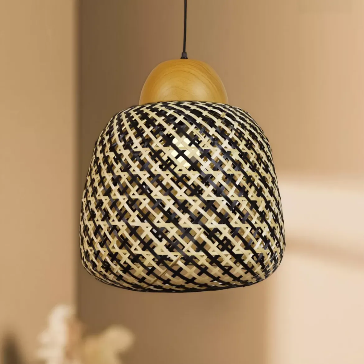 Lampada a sospensione in bambù (D40 cm) Elda Nero e naturale