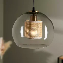 Lampadario a sospensione vetro e rattan (D25 cm) Sicilia Beige