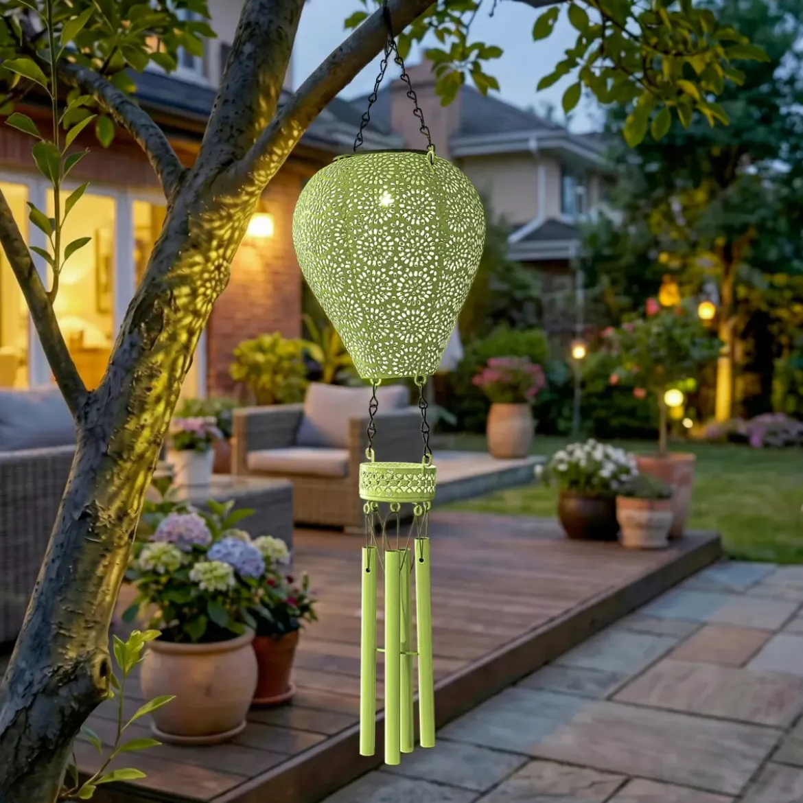 Lampada solare a sospensione per giardino LED (H56 cm) Mongolfiera Gialla