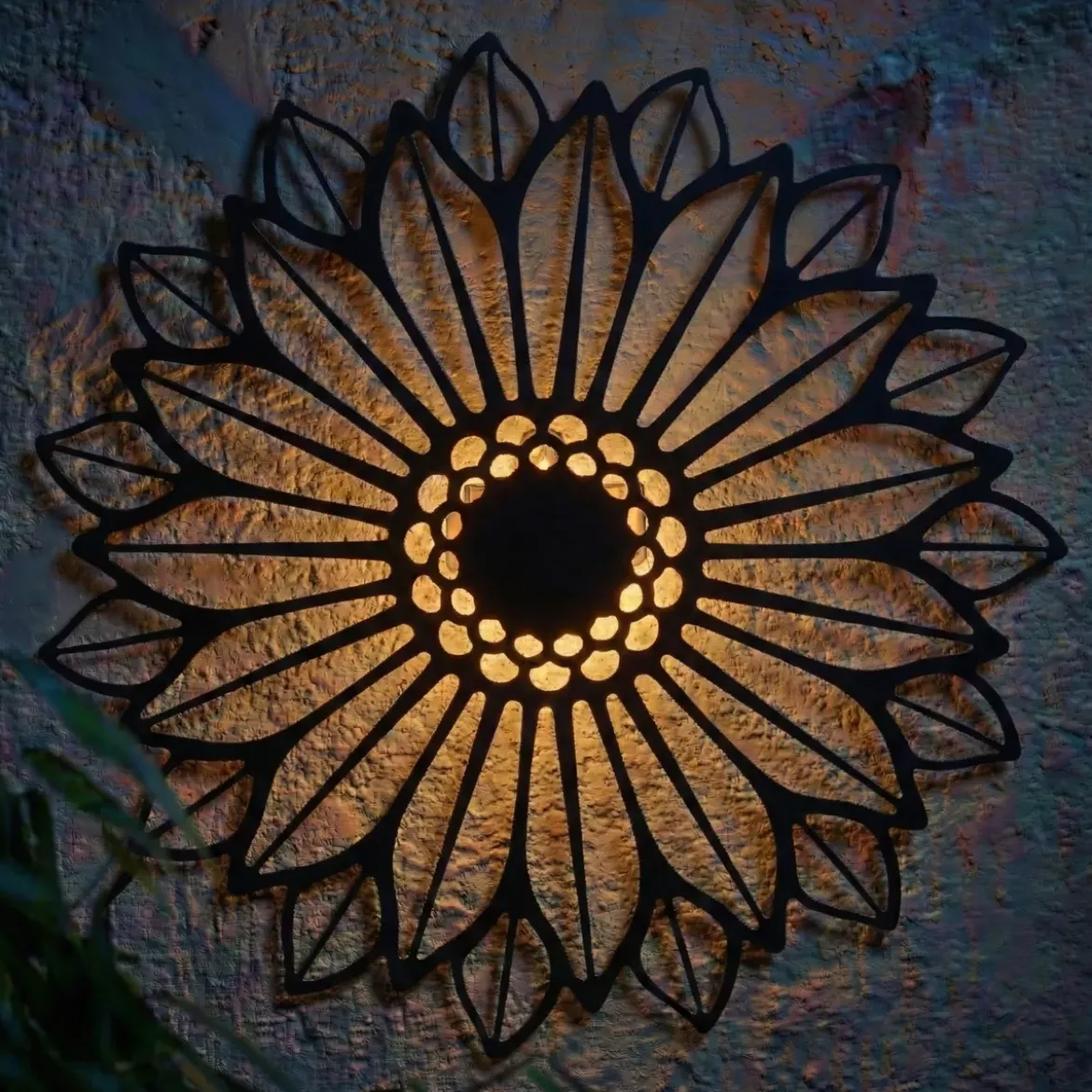 Lampada solare da parete in metallo (D37 cm) Girasole Nero e bianco caldo