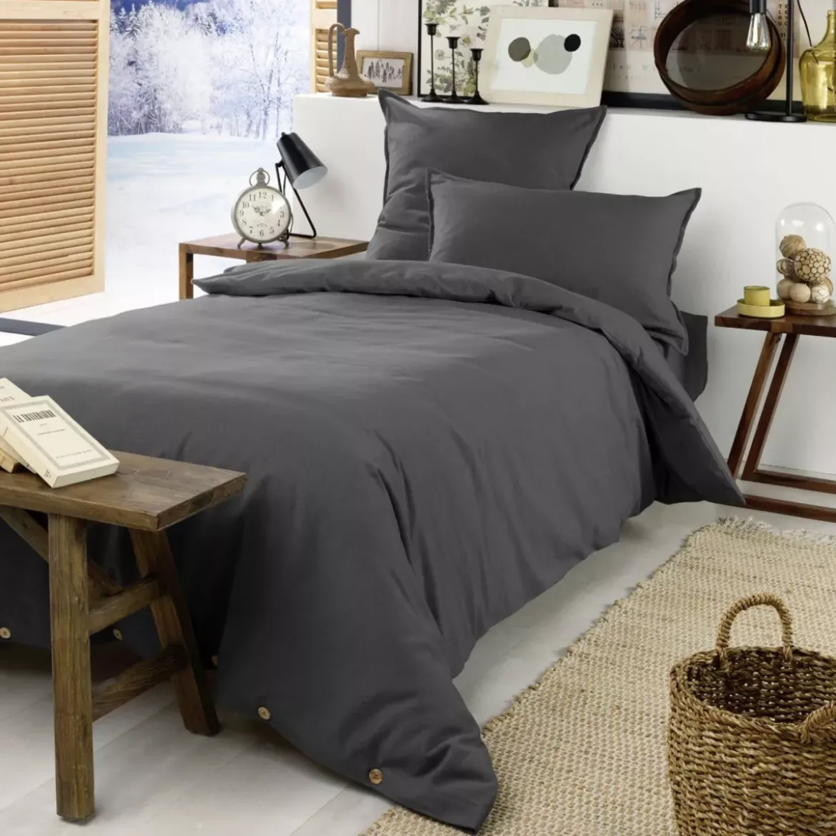 Lenzuolo con angoli flanella di cotone (90 x 190 cm) Nina Grigio antracite