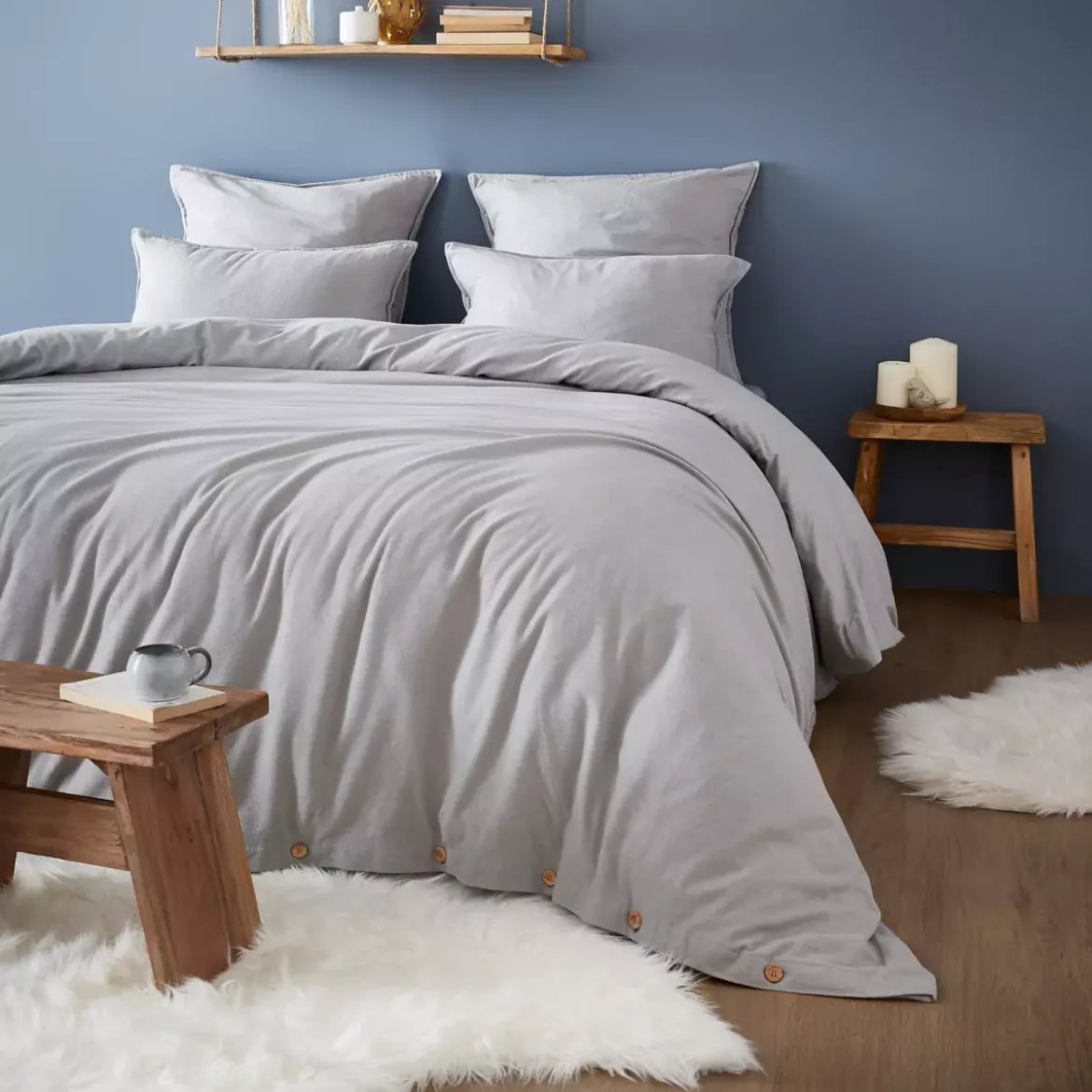 Lenzuolo con angoli flanella di cotone (140 cm) Théa Grigio chiaro