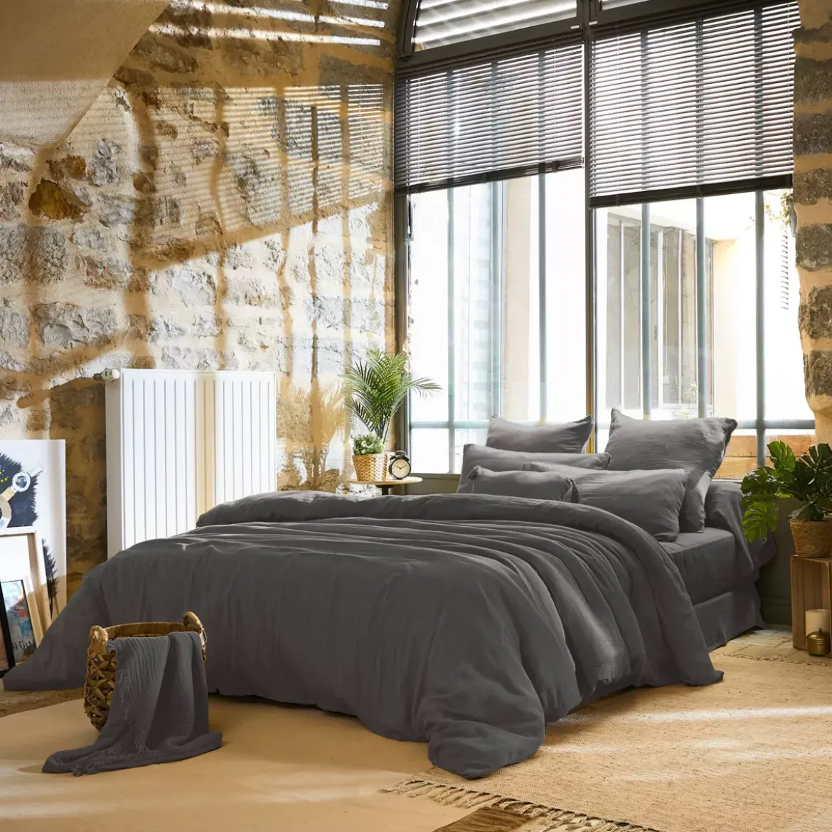 Lenzuolo sopra garza di cotone (270 x 300 cm) Gaïa Grigio granito