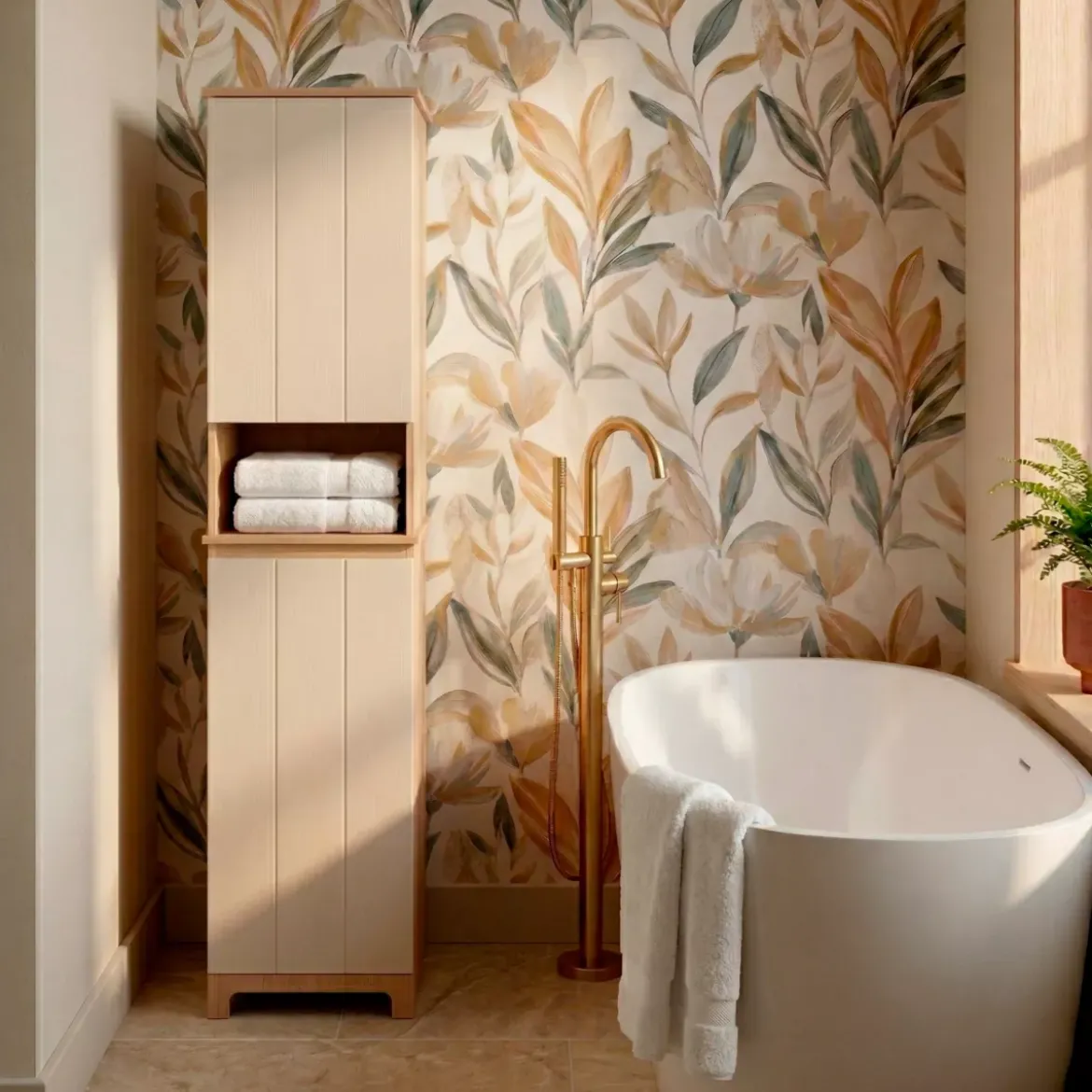 Mobile colonna bagno con cesto per biancheria integrato in legno (173 x 38 cm) Rivoli Naturale