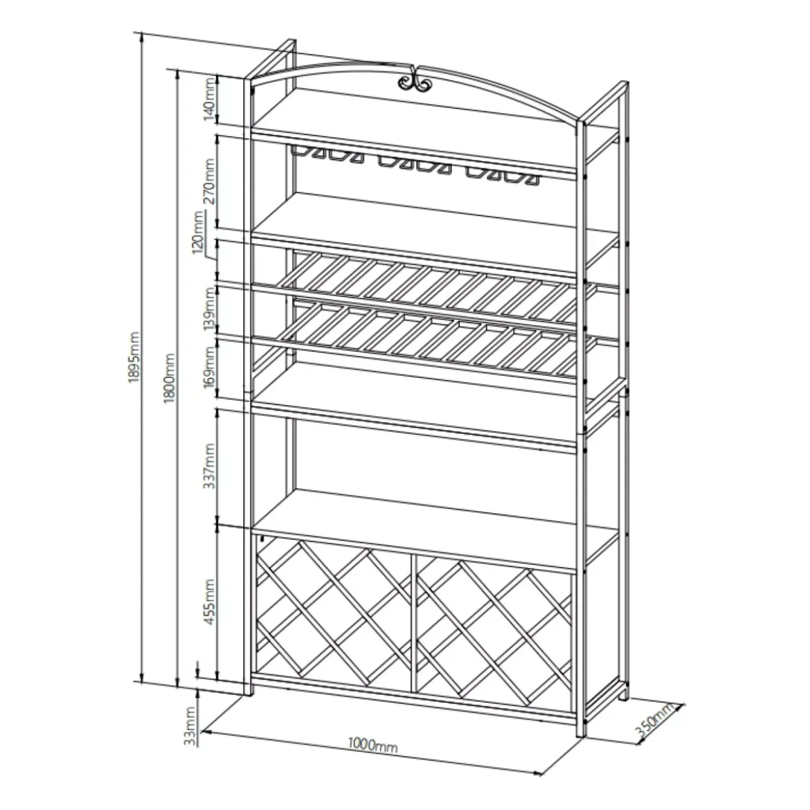 Mobile portabottiglie industriale 32 scomparti e portabicchieri (H180 cm) Marceau Marrone