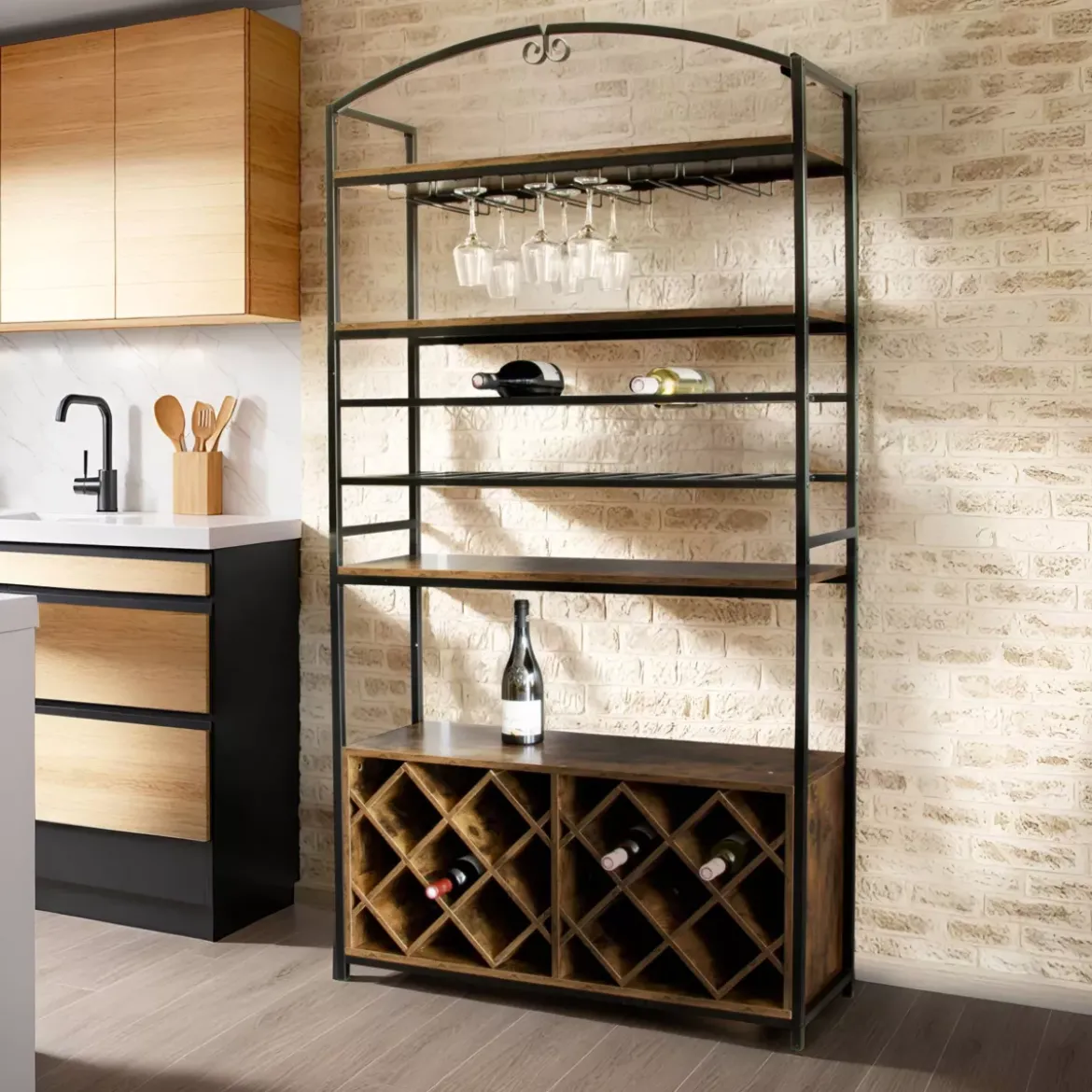 Mobile portabottiglie industriale 32 scomparti e portabicchieri (H180 cm) Marceau Marrone