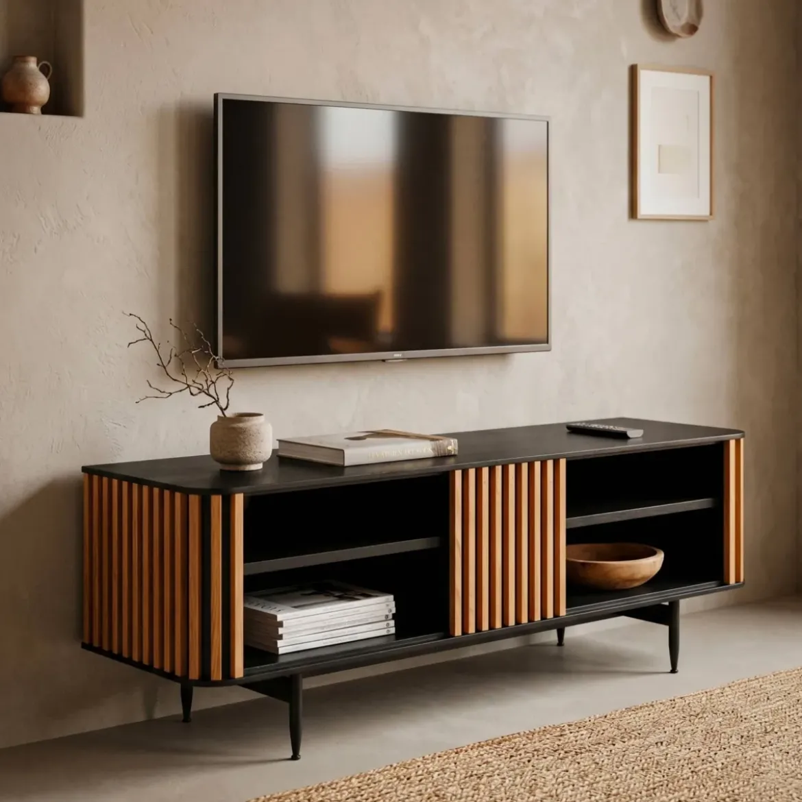 Mobile TV 4 nicchie in rovere massiccio (130 x 43 cm) Rytm Nero