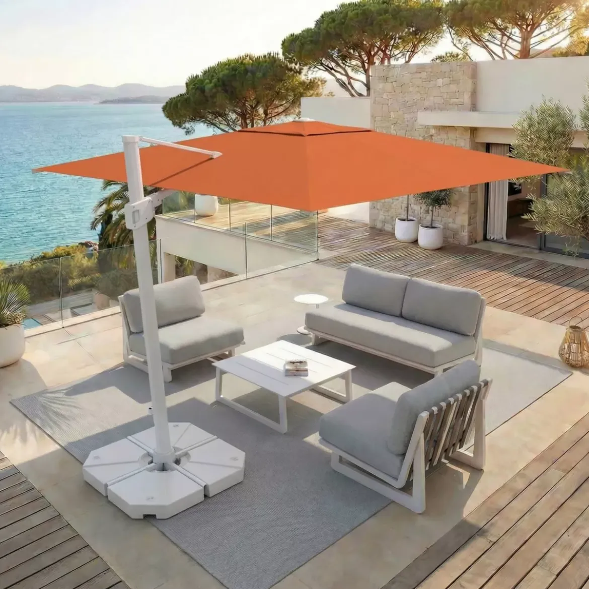 Ombrellone decentrato quadrato in alluminio con base (3 x 3 m) Elyra Bianco e Terracotta