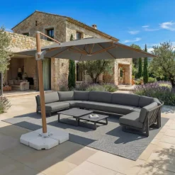 Ombrellone decentrato quadrato in alluminio con base (3 x 3 m) Elyra effetto legno e Grigio