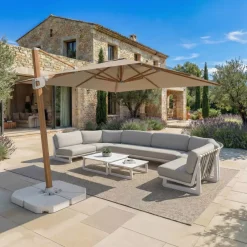 Ombrellone decentrato quadrato in alluminio con base (3 x 3 m) Elyra effetto legno e Tortora