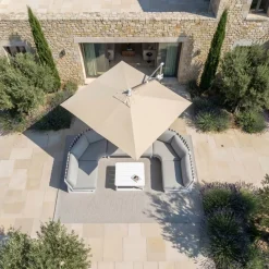 Ombrellone decentrato quadrato in alluminio con base (3 x 3 m) Elyra Metallico lucido e Beige