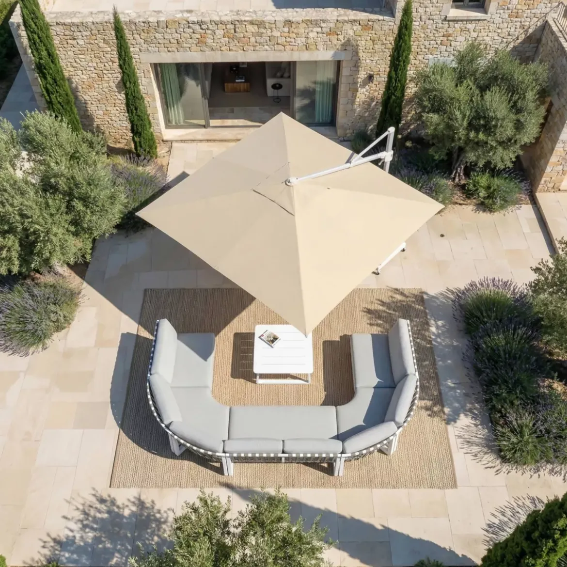 Ombrellone decentrato quadrato in alluminio con base (3 x 3 m) Elyra Bianco e Beige
