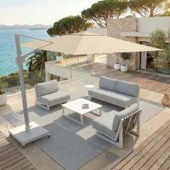Ombrellone decentrato quadrato in alluminio con base (3 x 3 m) Elyra Bianco e Beige