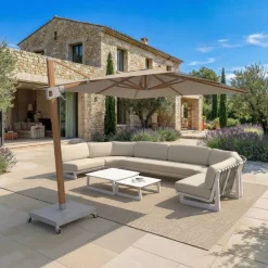 Ombrellone decentrato quadrato in alluminio con base (3 x 3 m) Elyra effetto legno e Tortora