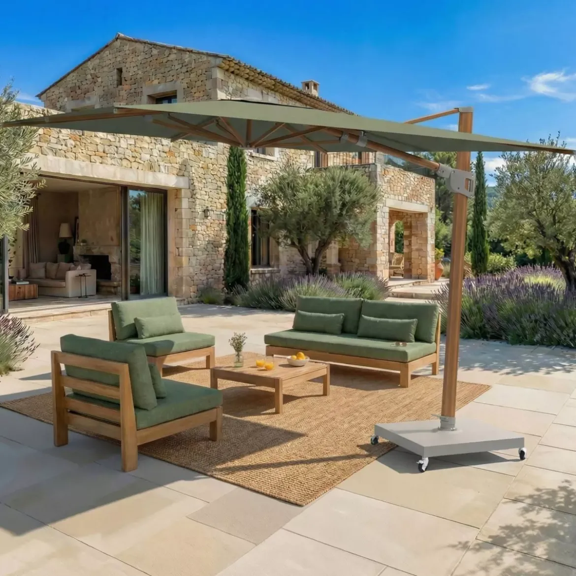 Ombrellone decentrato quadrato in alluminio con base (3 x 3 m) Elyra effetto legno e Verde oliva