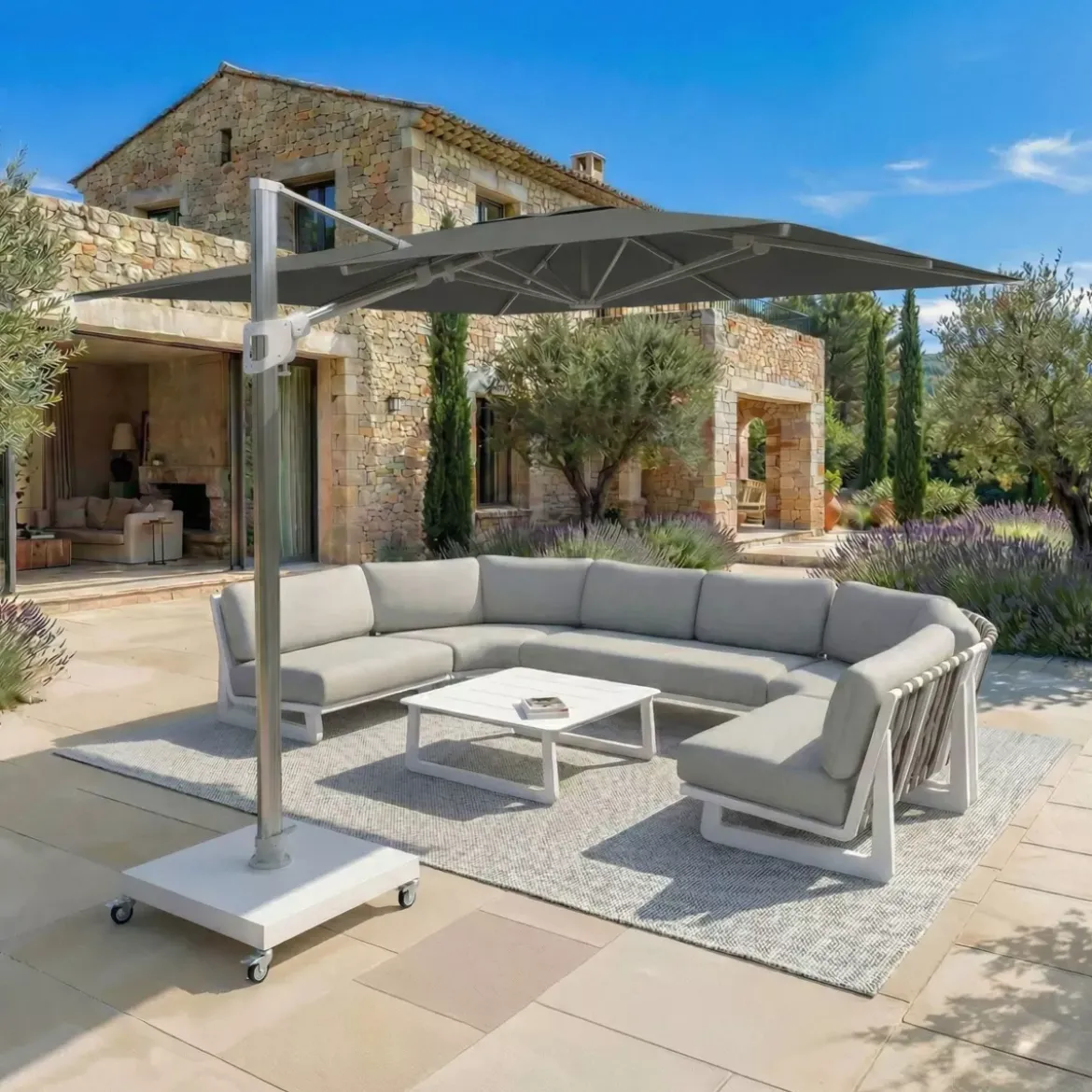 Ombrellone decentrato quadrato in alluminio con base (3 x 3 m) Elyra Metallico lucido e Antracite