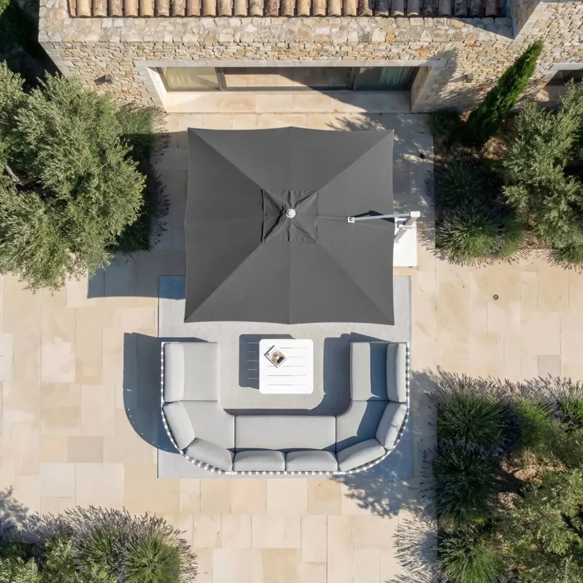 Ombrellone decentrato quadrato in alluminio con base (3 x 3 m) Elyra Metallico lucido e Antracite