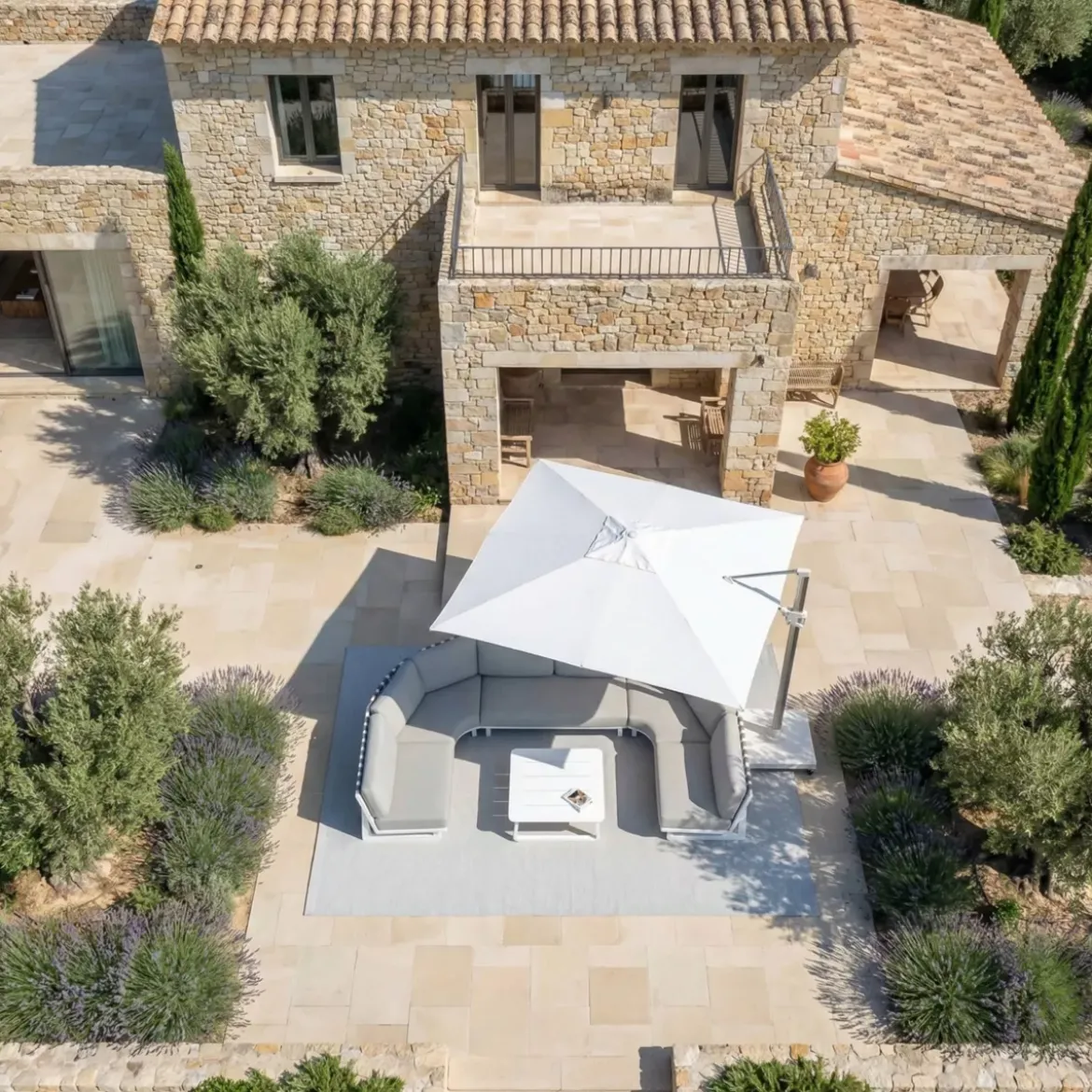 Ombrellone decentrato quadrato in alluminio con base (3 x 3 m) Elyra Metallico lucido e Bianco