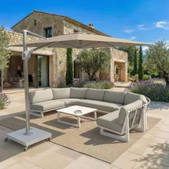 Ombrellone decentrato quadrato in alluminio con base (3 x 3 m) Elyra Metallico lucido e Tortora