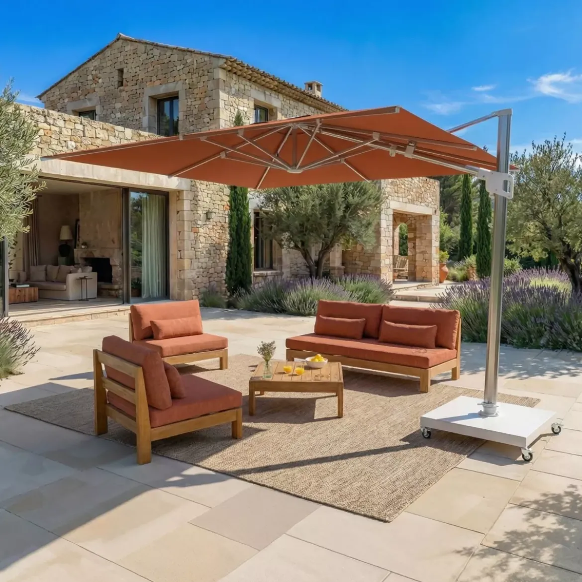 Ombrellone decentrato quadrato in alluminio con base (3 x 3 m) Elyra Metallico lucido e Terracotta