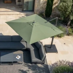 Ombrellone decentrato quadrato in alluminio con base (3 x 3 m) Elyra Antracite e Verde oliva