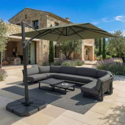 Ombrellone decentrato rettangolare in alluminio con base (3 x 4 m) Elyra Antracite e Verde oliva