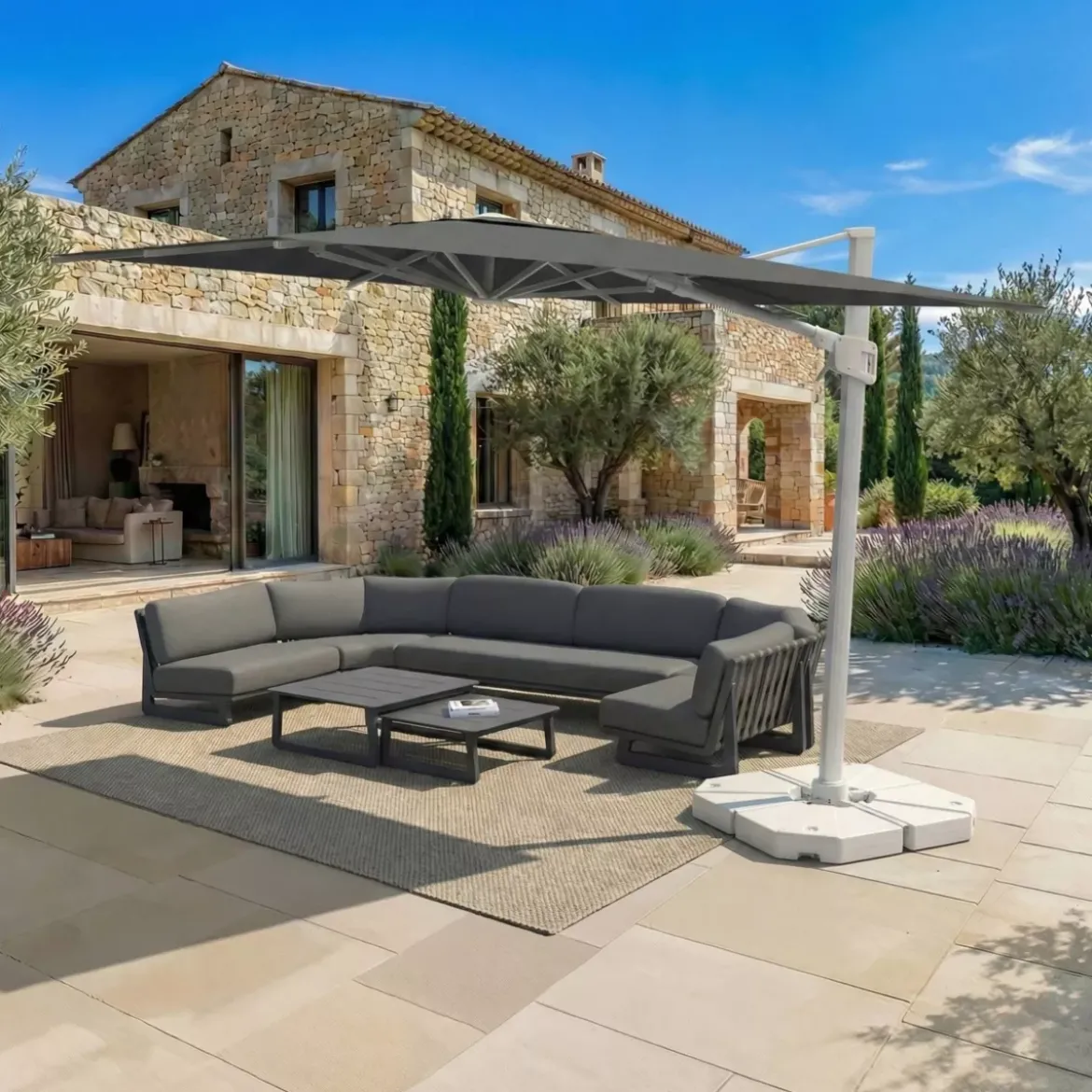 Ombrellone decentrato rettangolare in alluminio con base (3 x 4 m) Elyra Bianco e Antracite
