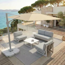 Ombrellone decentrato rettangolare in alluminio con base (3 x 4 m) Elyra Bianco e Beige