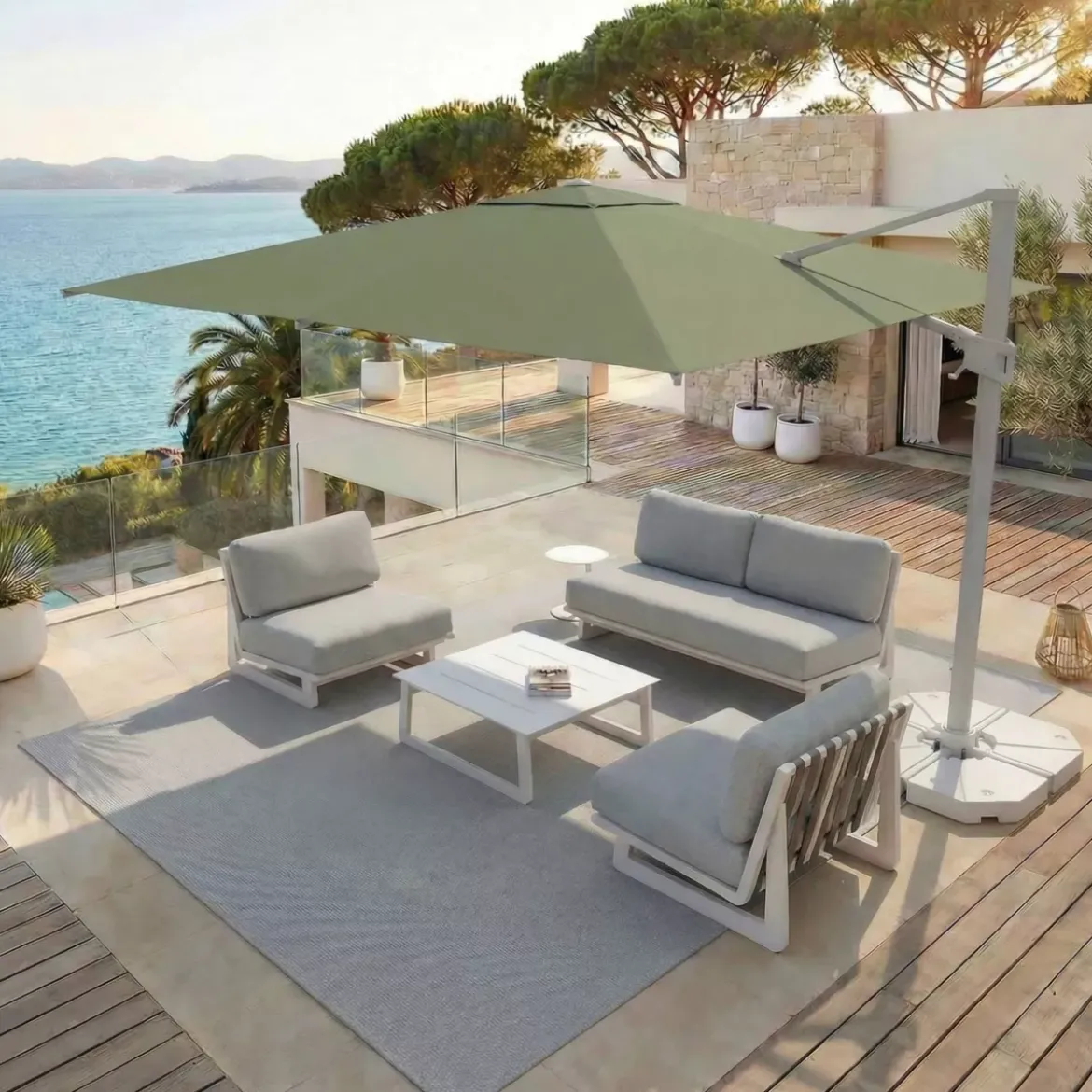Ombrellone decentrato rettangolare in alluminio con base (3 x 4 m) Elyra Bianco e Verde oliva