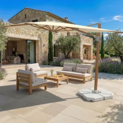 Ombrellone decentrato rettangolare in alluminio con base (3 x 4 m) Elyra effetto legno e Beige
