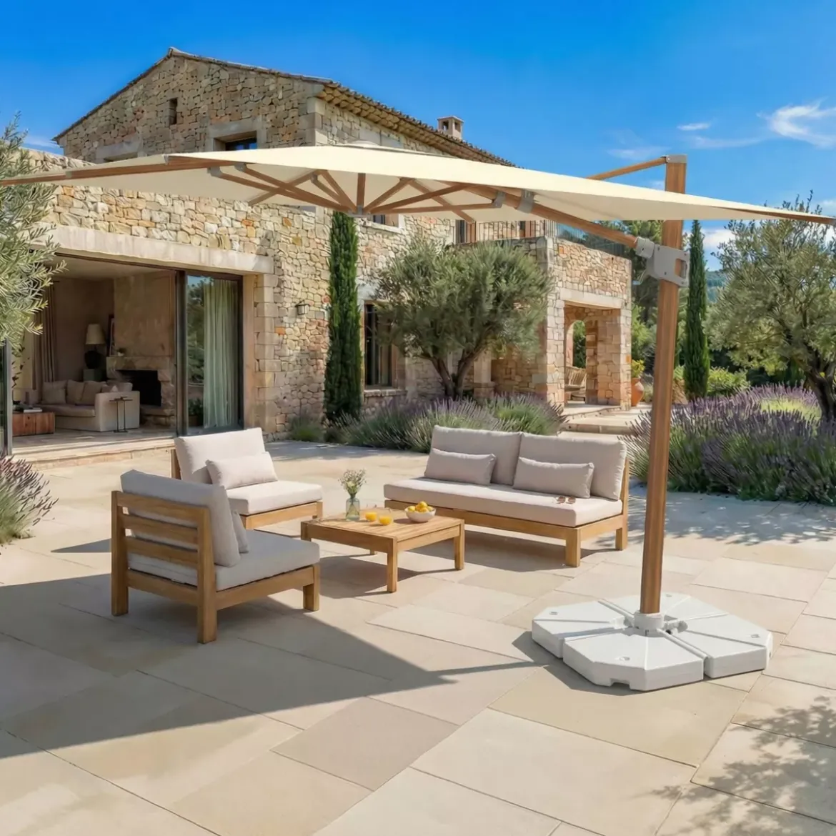 Ombrellone decentrato rettangolare in alluminio con base (3 x 4 m) Elyra effetto legno e Beige