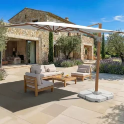 Ombrellone decentrato rettangolare in alluminio con base (3 x 4 m) Elyra effetto legno e Bianco