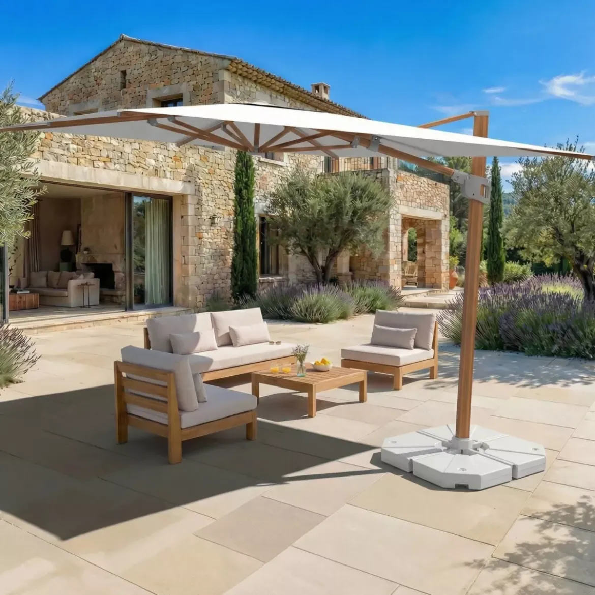 Ombrellone decentrato rettangolare in alluminio con base (3 x 4 m) Elyra effetto legno e Bianco