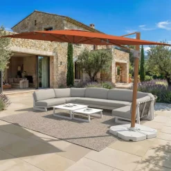 Ombrellone decentrato rettangolare in alluminio con base (3 x 4 m) Elyra effetto legno e Terracotta