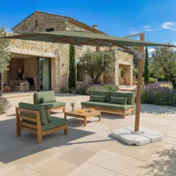 Ombrellone decentrato rettangolare in alluminio con base (3 x 4 m) Elyra effetto legno e Verde oliva