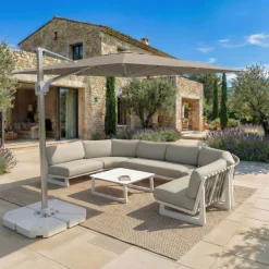 Ombrellone decentrato rettangolare in alluminio con base (3 x 4 m) Elyra Metallico lucido e Tortora