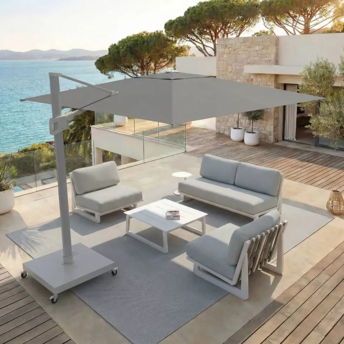Ombrellone decentrato rettangolare in alluminio con base (3 x 4 m) Elyra Bianco e Antracite
