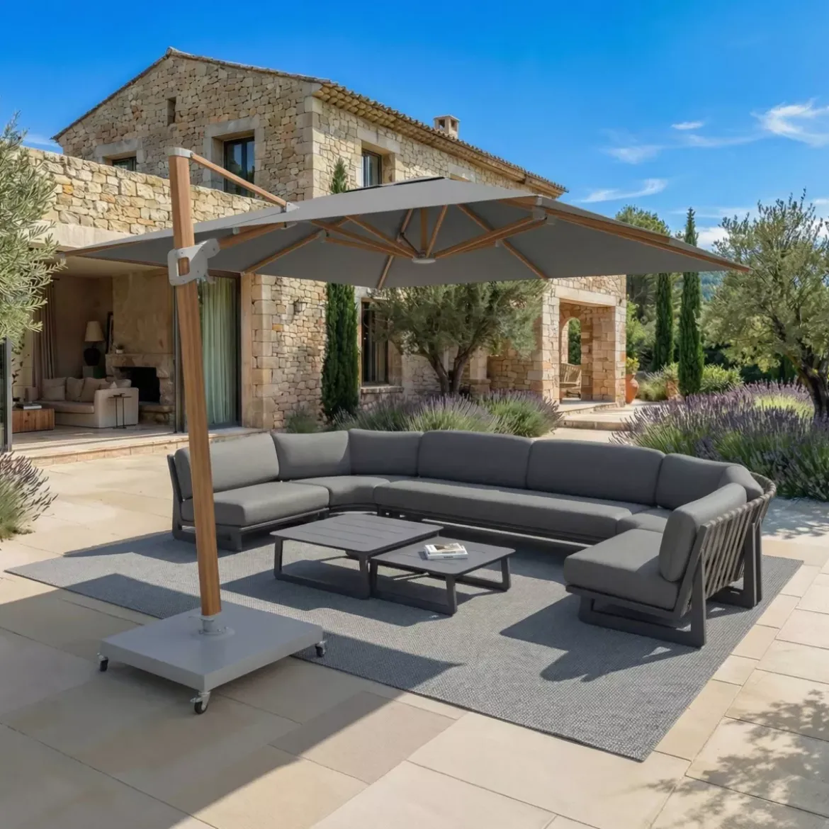 Ombrellone decentrato rettangolare in alluminio con base (3 x 4 m) Elyra effetto legno e Antracite