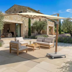 Ombrellone decentrato rettangolare in alluminio con base (3 x 4 m) Elyra effetto legno e Beige