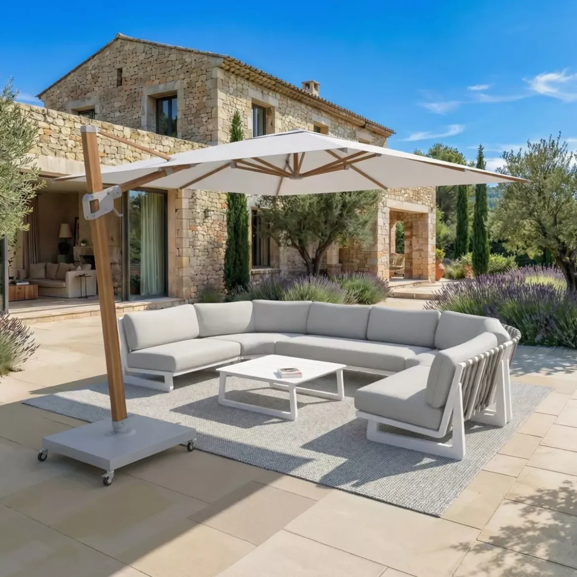 Ombrellone decentrato rettangolare in alluminio con base (3 x 4 m) Elyra effetto legno e Bianco